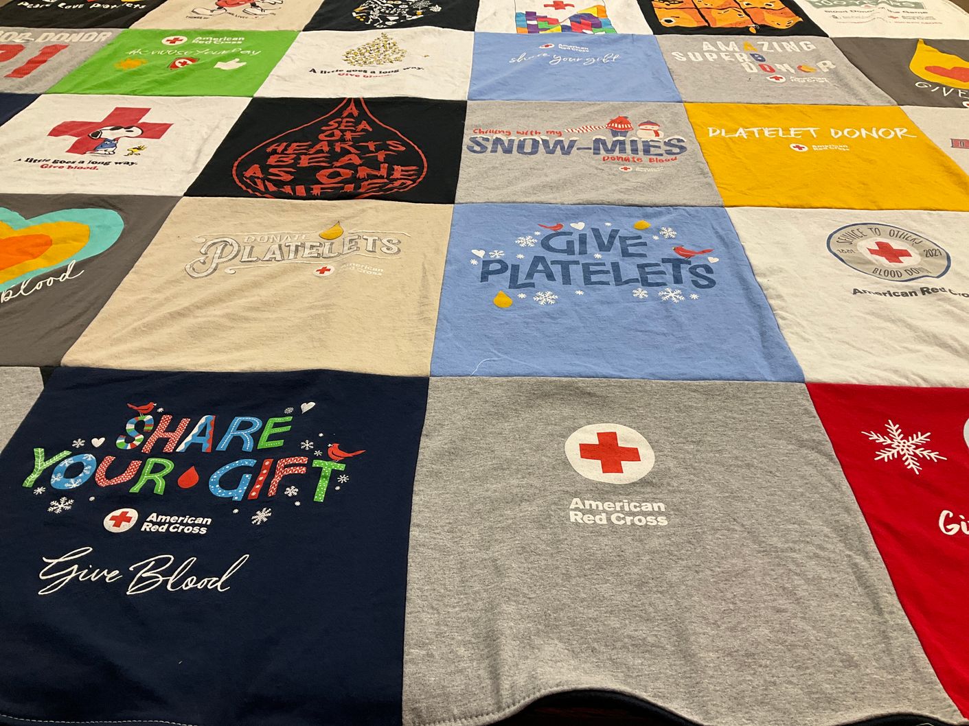 T-shirt quilt with blood donation, volunteering themes by Brian from MA