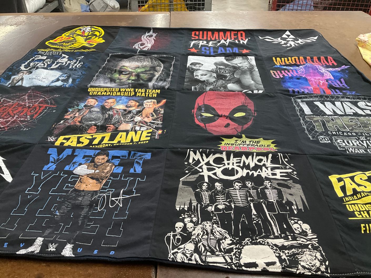 T-shirt quilt with wrestling, music themes by Leticia from IL