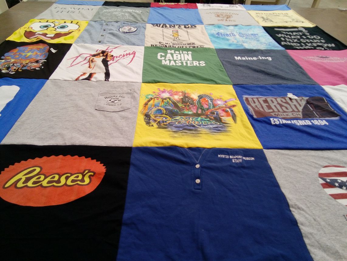 T-shirt quilt with cartoons, movies themes by Meg from CT