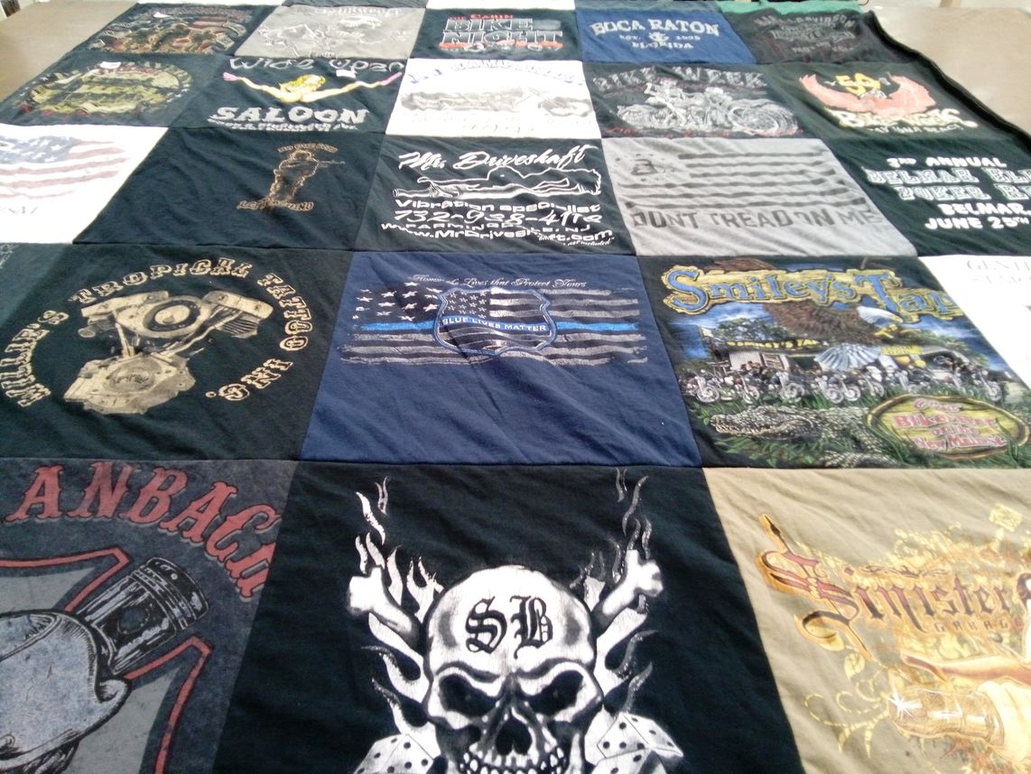 T-shirt quilt with motorcycles, tattoos themes by Rebecca from NJ