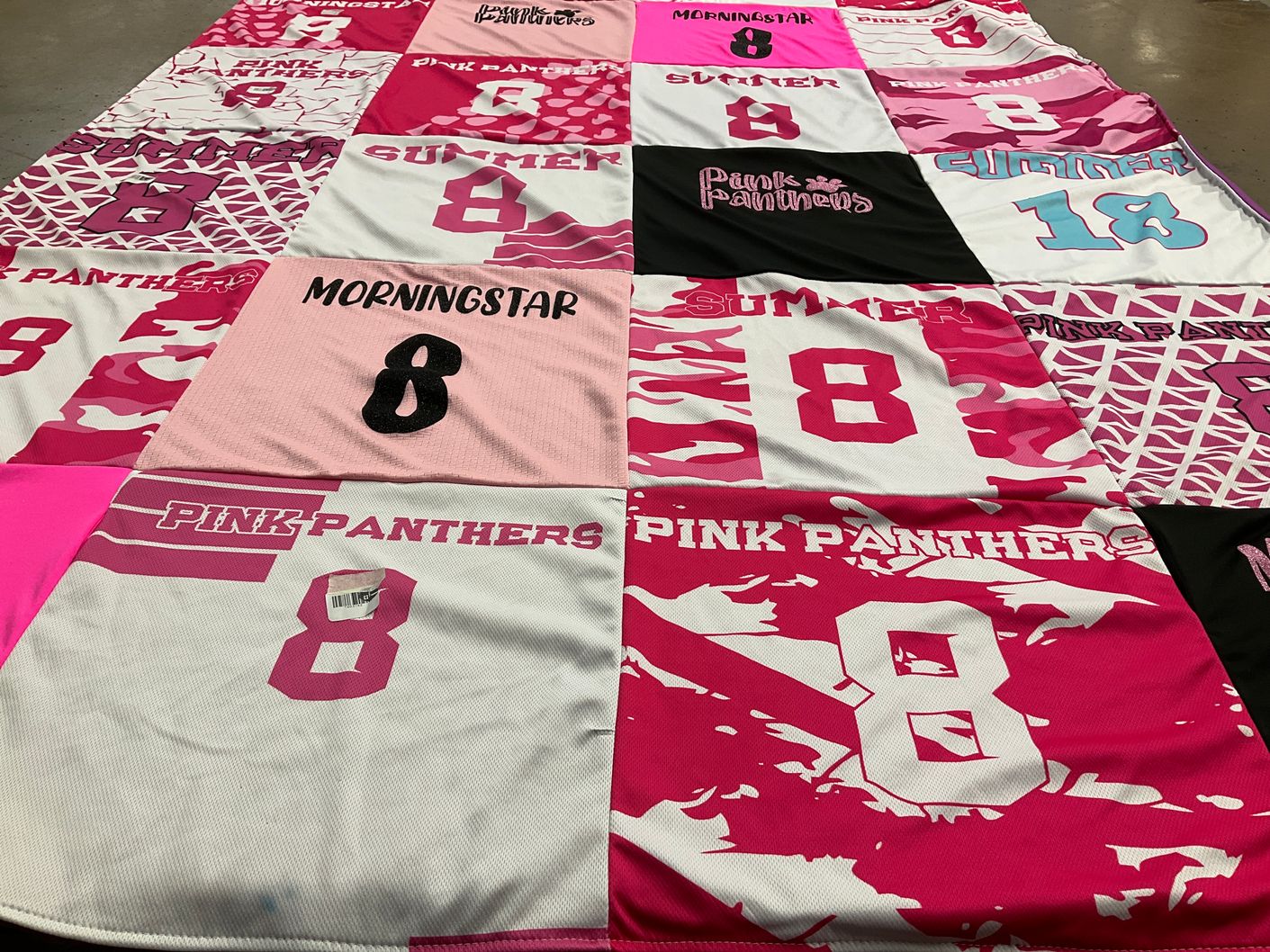 T-shirt quilt featuring pink panthers by Christi from TX
