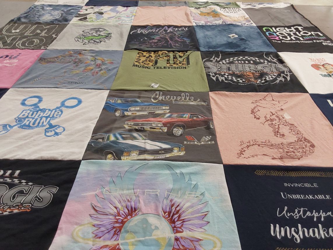 T-shirt quilt with music, cars themes by Jami from WA