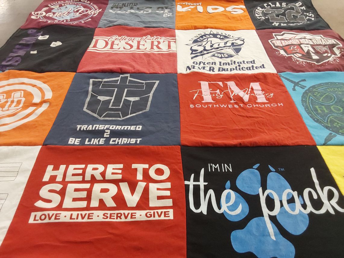 T-shirt quilt from college of the desert, rancho mirage high school by Sarah from CA
