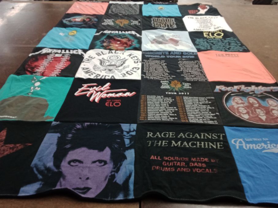T-shirt quilt with music, rock themes by Allison from CO