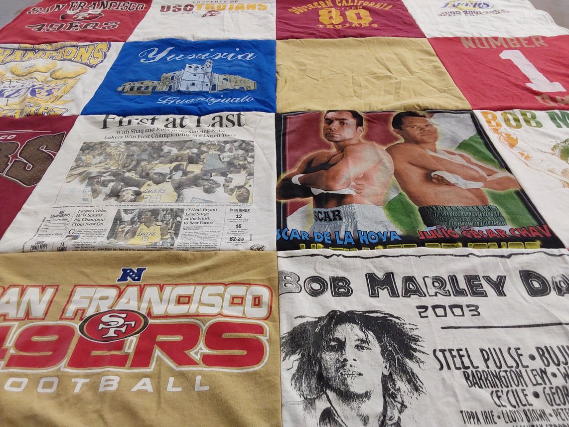T-shirt quilt featuring san francisco 49ers football, los angeles lakers basketball by Maricella from CA