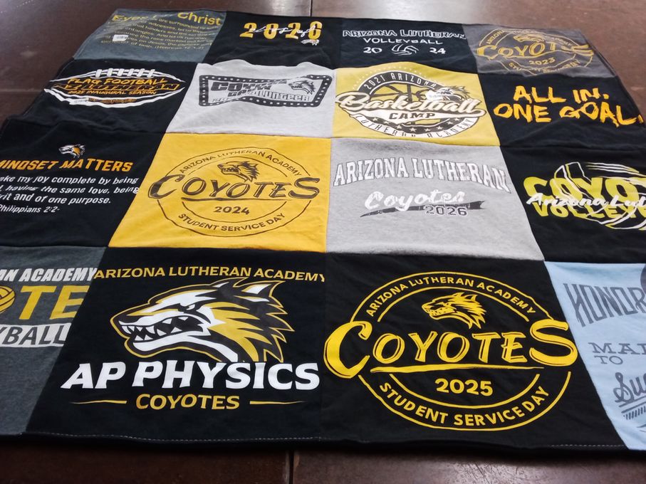 T-shirt quilt featuring coyotes by Ella from AZ