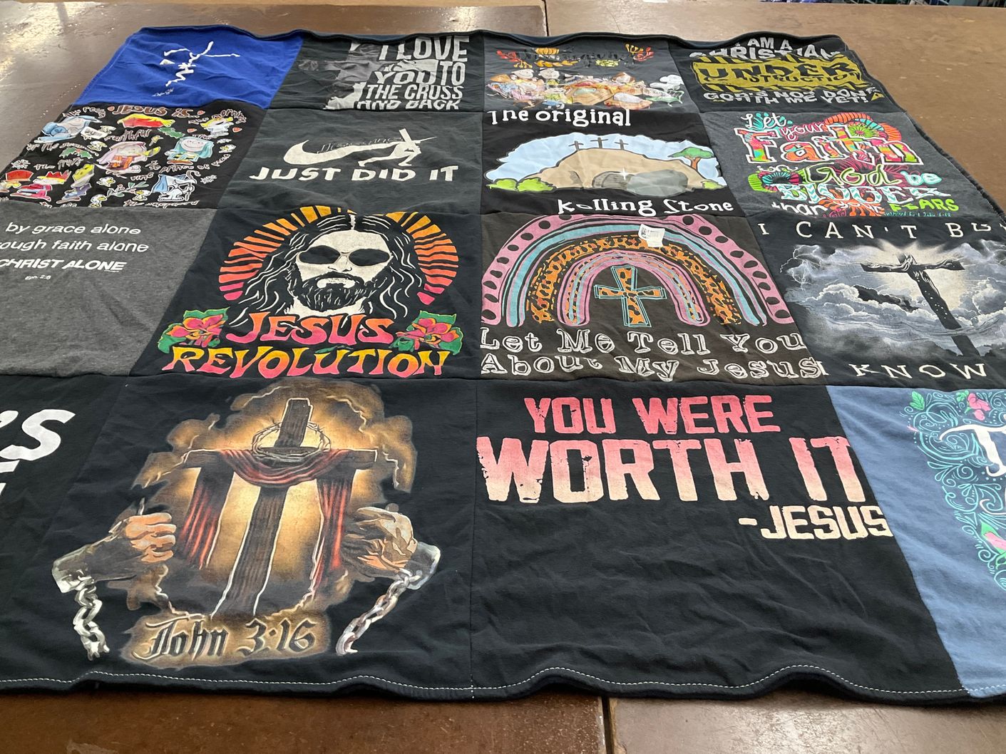 T-shirt quilt with religion, faith themes by Lee from WI