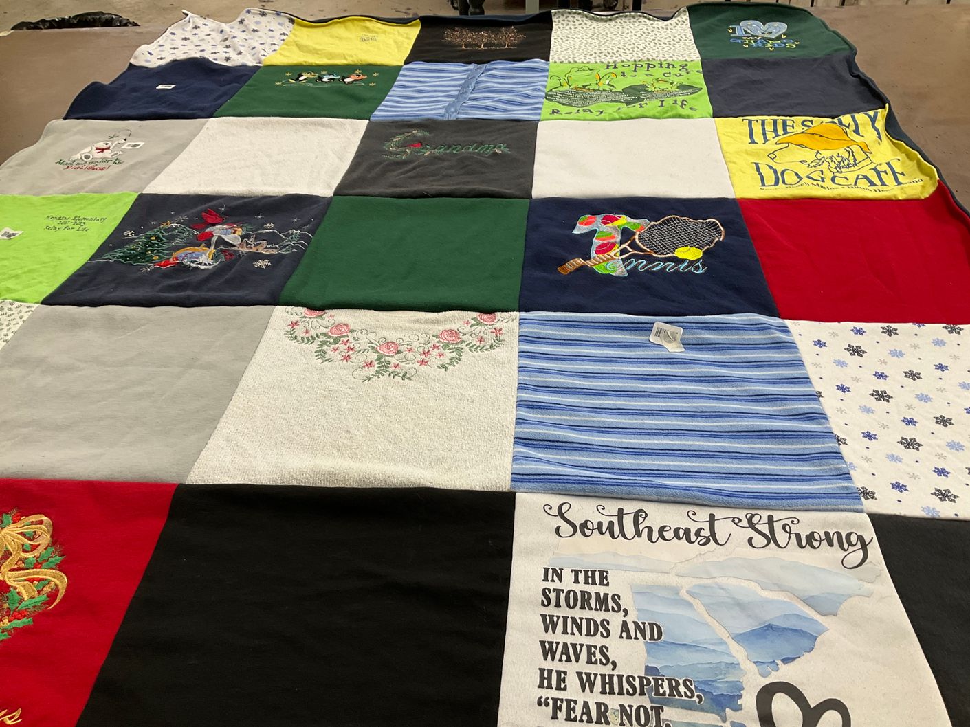 T-shirt quilt with sports, dog care themes by Karen from GA