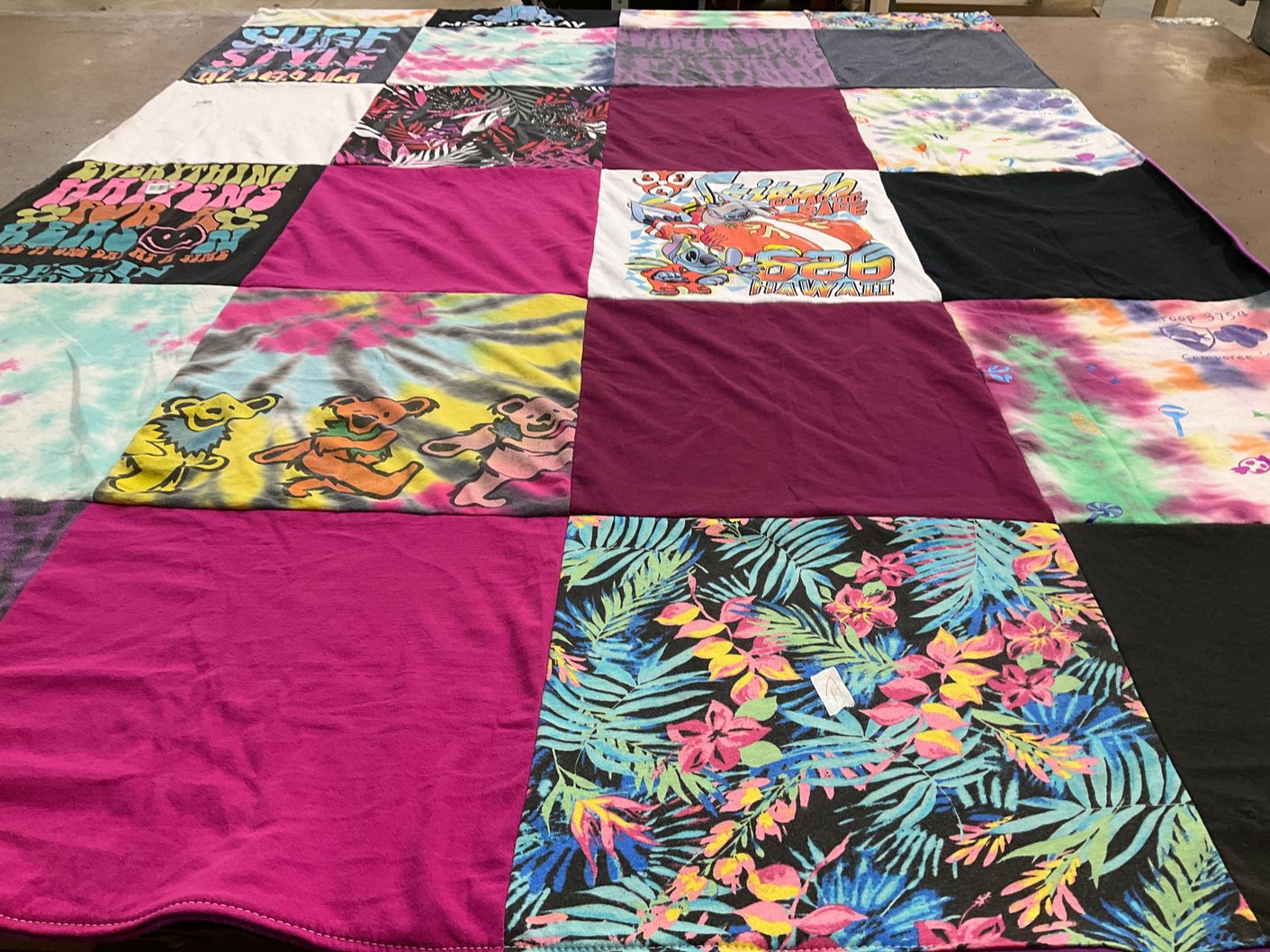 T-shirt quilt with surfing, music themes by TINA from IN
