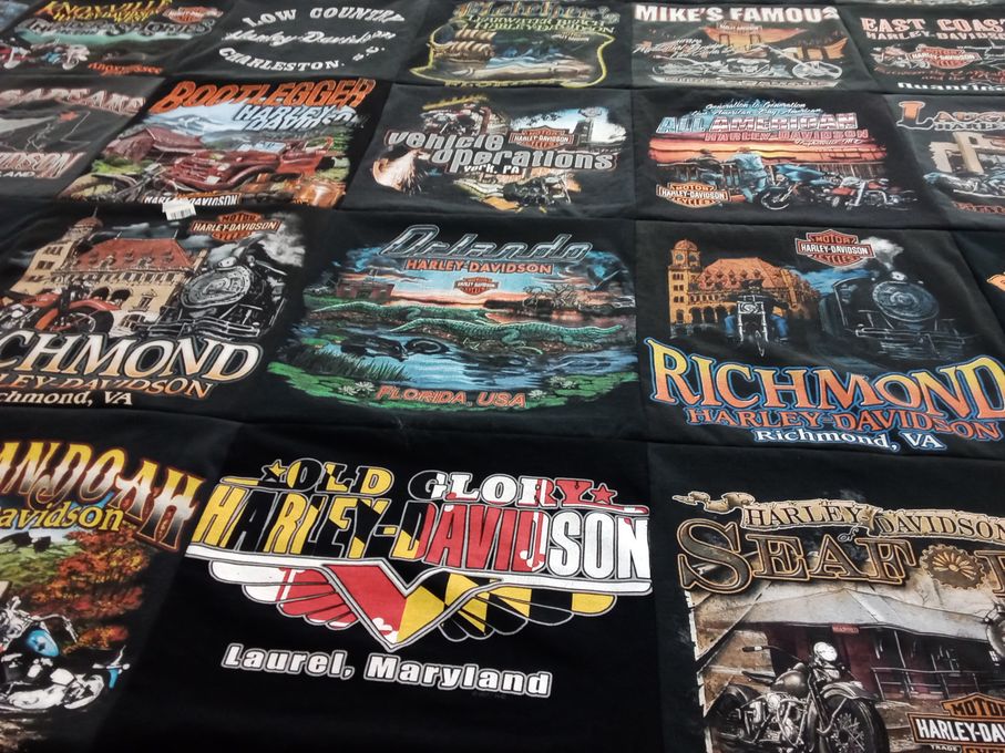 T-shirt quilt with motorcycles, travel themes by Kristie from MD