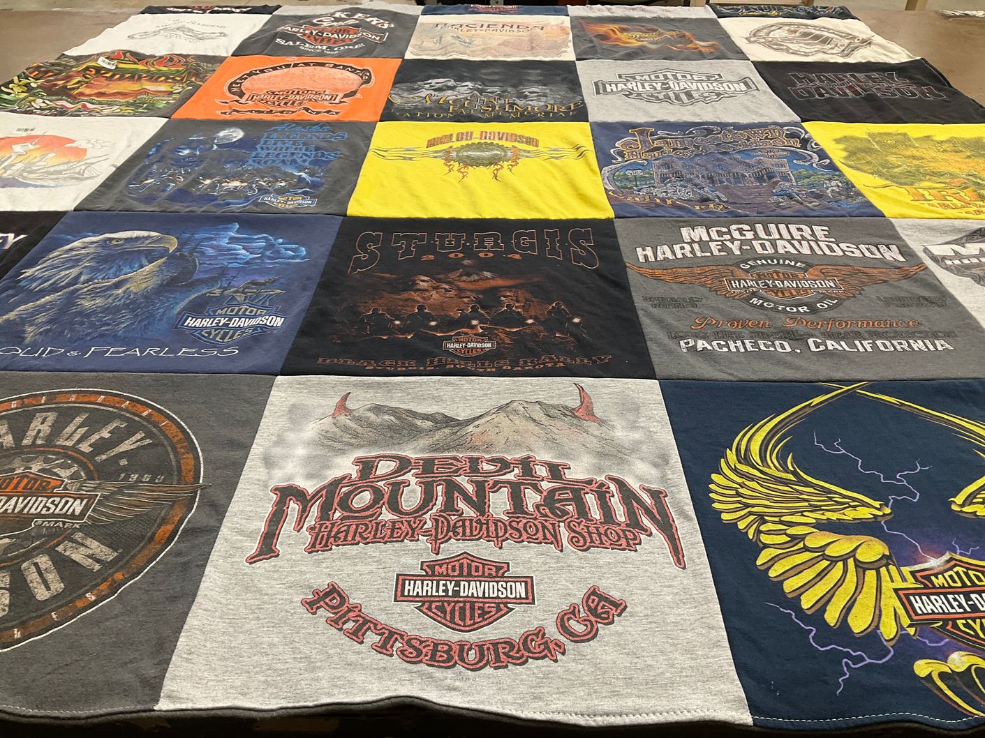 T-shirt quilt with motorcycles, biking themes by Tod from CA