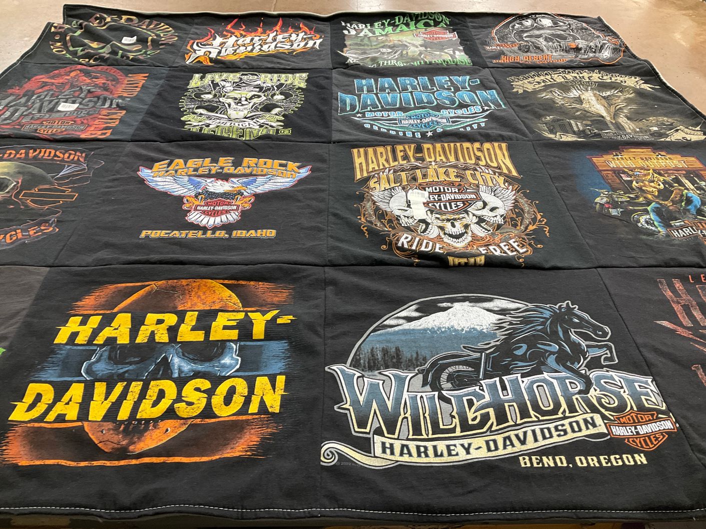 T-shirt quilt with motorcycles, biking themes by Jessica from ID