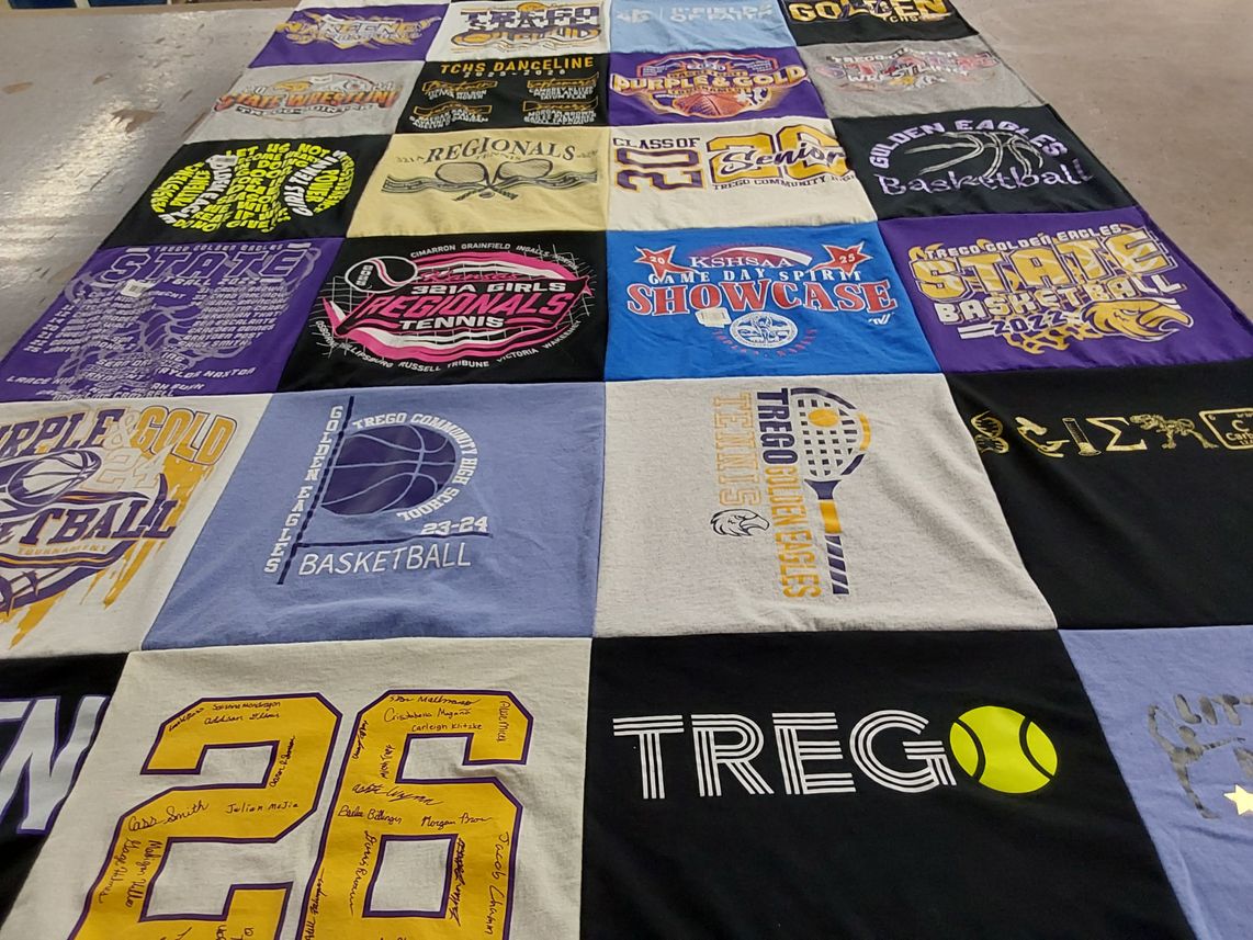 T-shirt quilt featuring golden eagles basketball, trego golden eagles tennis by Morgan from OK