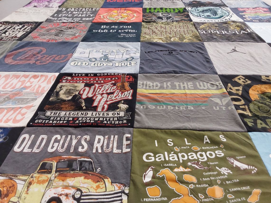 T-shirt quilt with music, travel themes by Buddy from NC