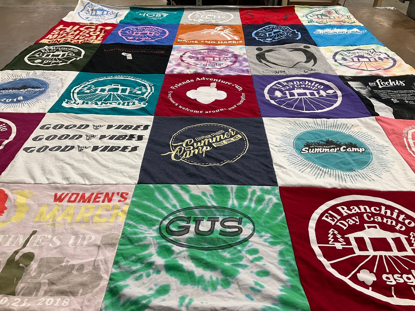 T-shirt quilt with camping, outdoor activities themes by Vanessa from CA