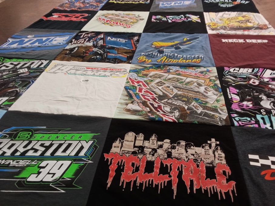 T-shirt quilt with racing, motorsports themes by Hilary from NY