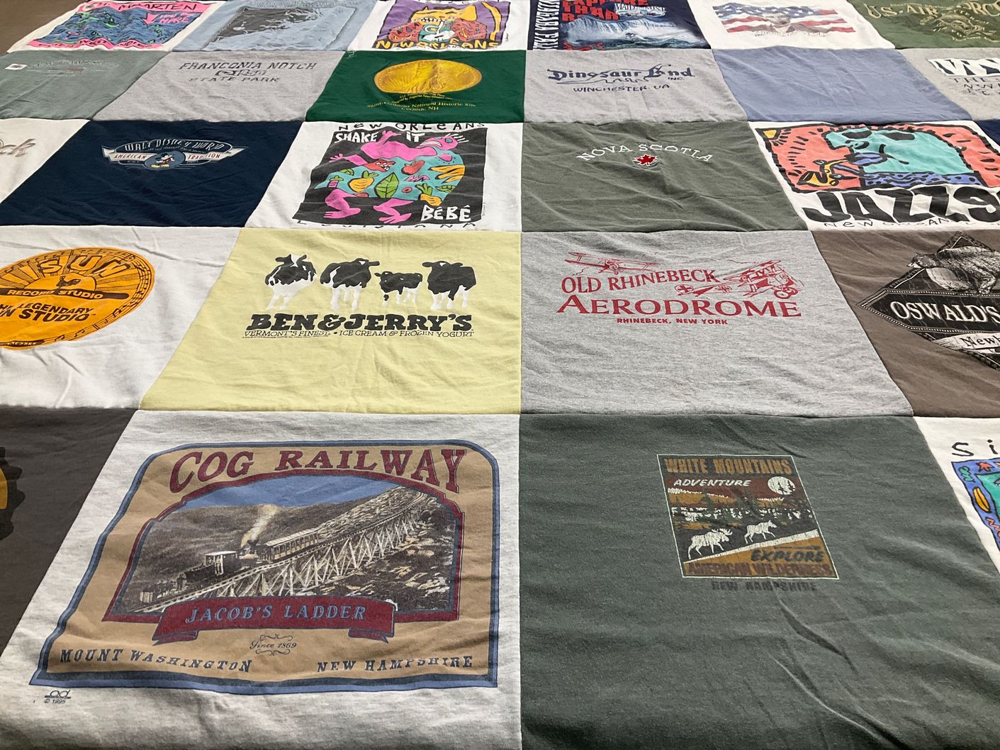 T-shirt quilt with ice cream, adventure themes by Janet from AL