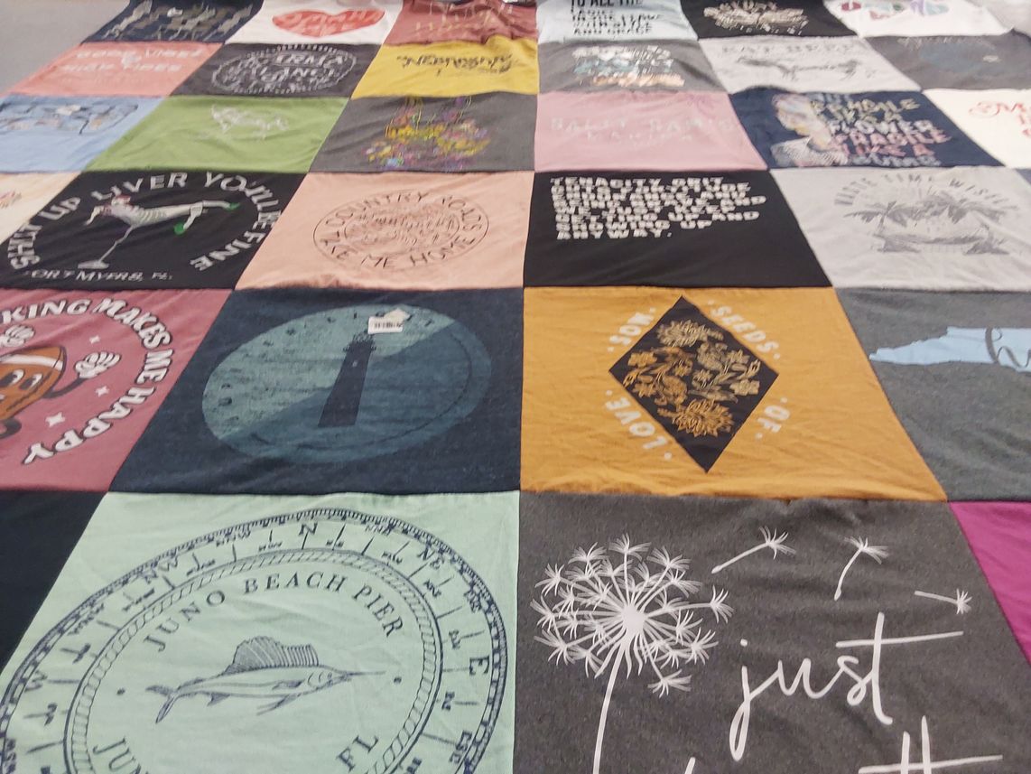 T-shirt quilt with beach, fishing themes by MSTY from NC