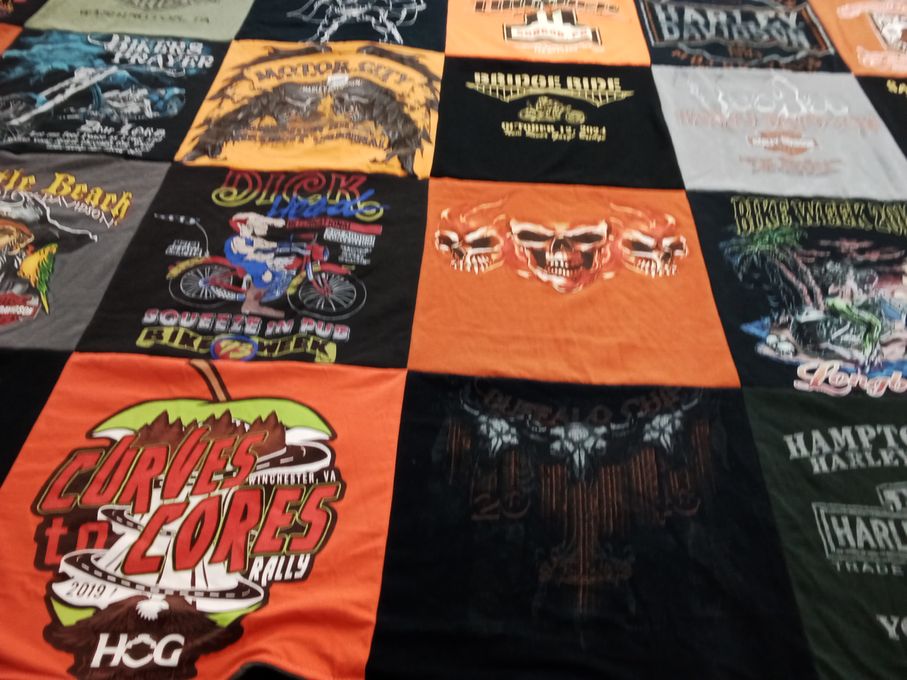 T-shirt quilt with motorcycling, biking themes by Robert from VA