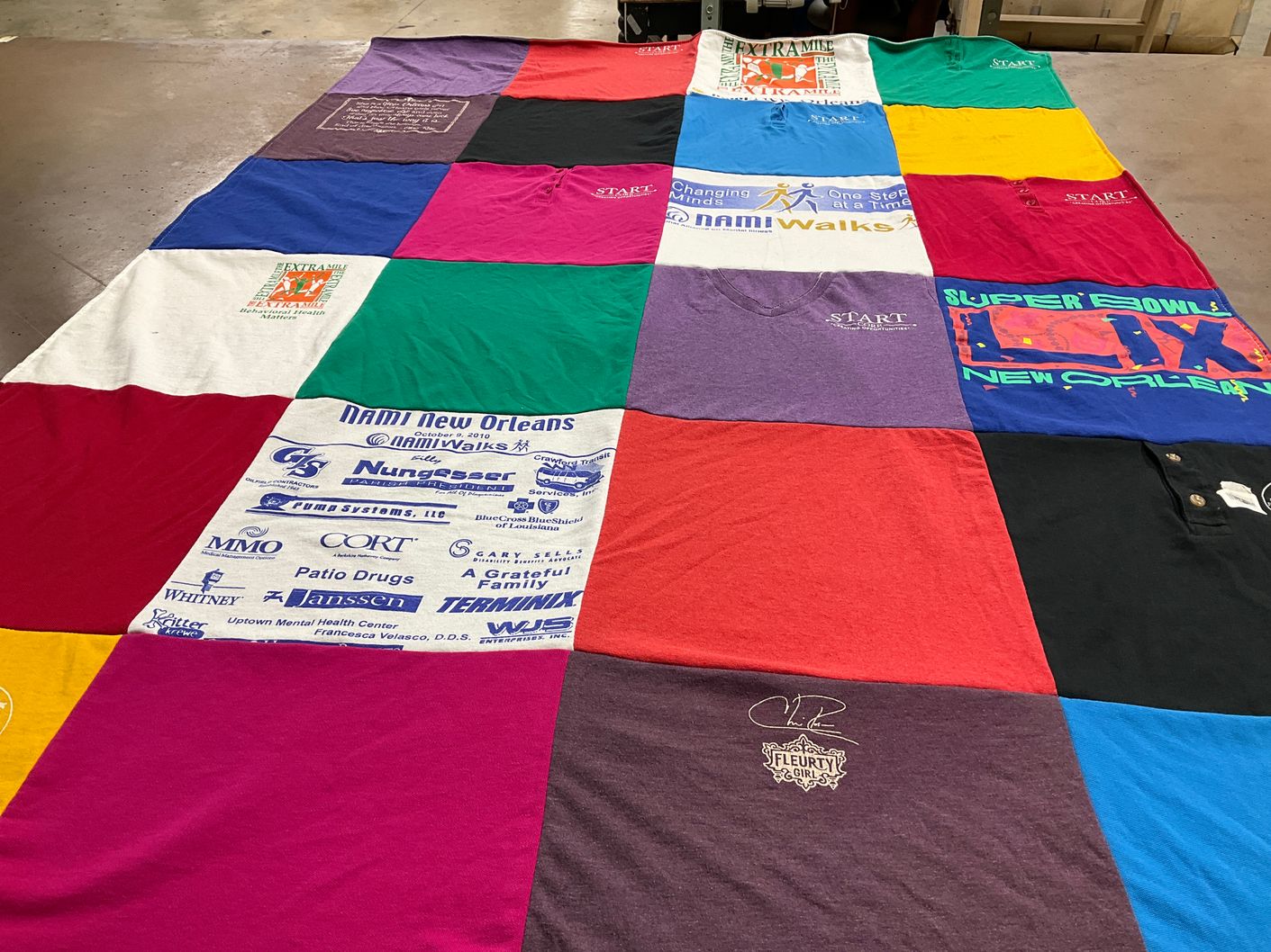 T-shirt quilt with mental health, fundraising themes by Wanda from LA