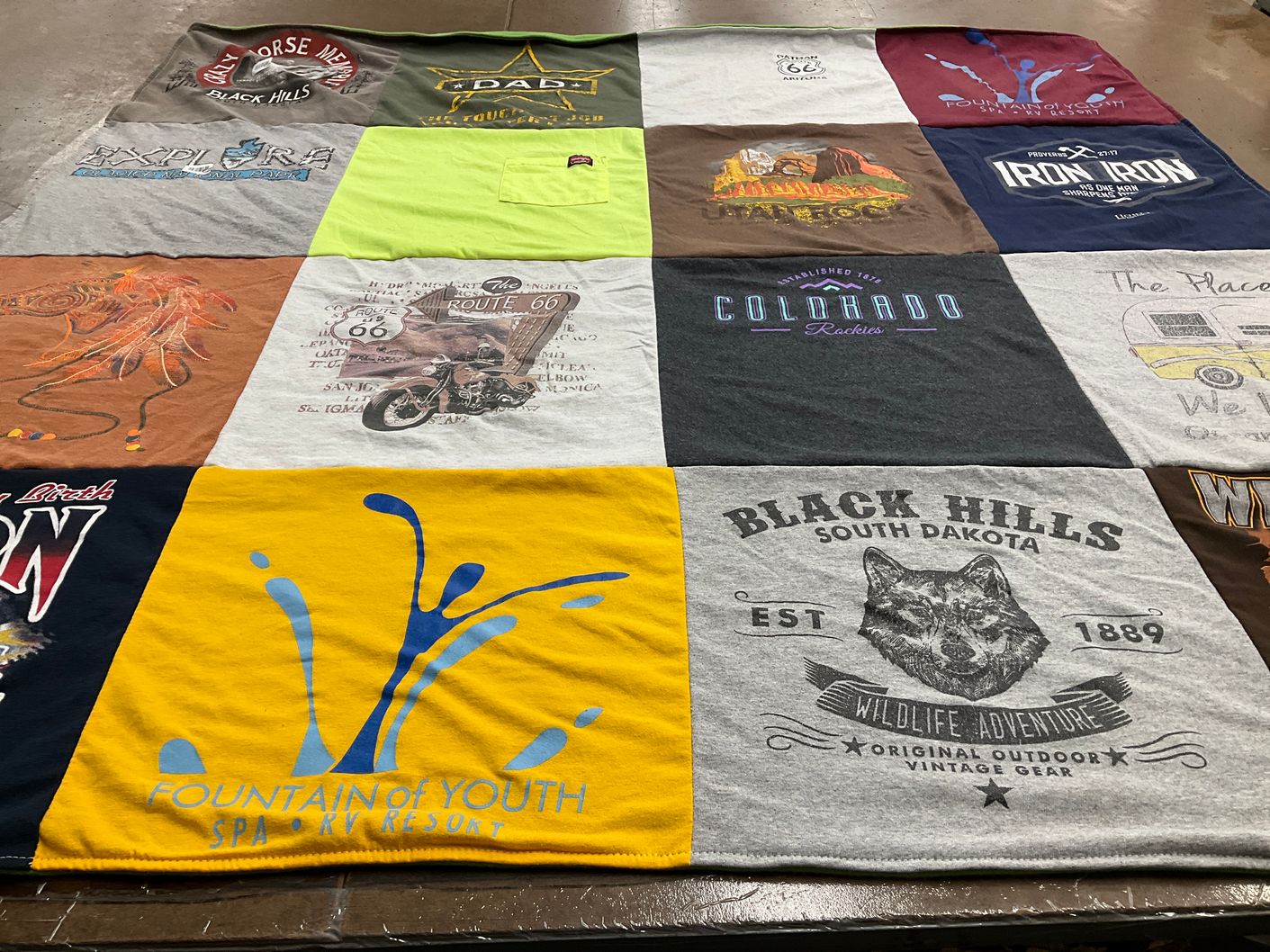 T-shirt quilt with outdoor, adventure themes by ECHO from CA