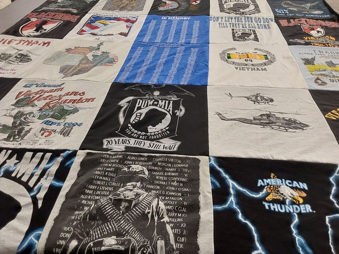 T-shirt quilt with military, veterans themes by Donna from IL