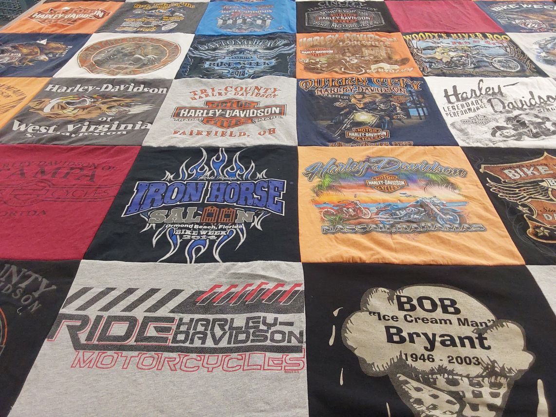 T-shirt quilt with motorcycles, biking themes by NANCY from OH