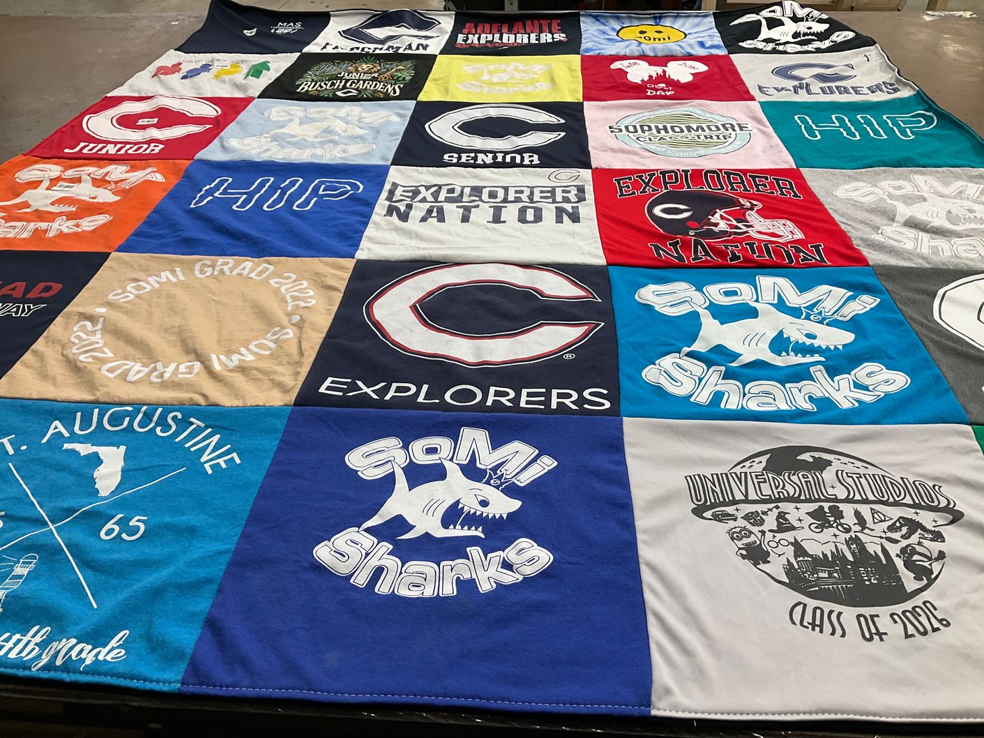 T-shirt quilt featuring somi sharks, explorers by Claudia from FL