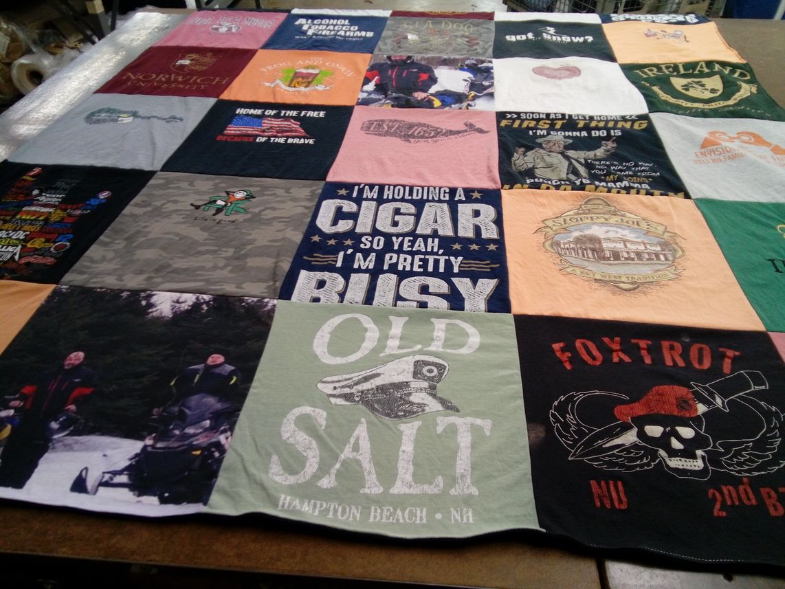 T-shirt quilt with cigars, snowmobiling themes by Karen from NH