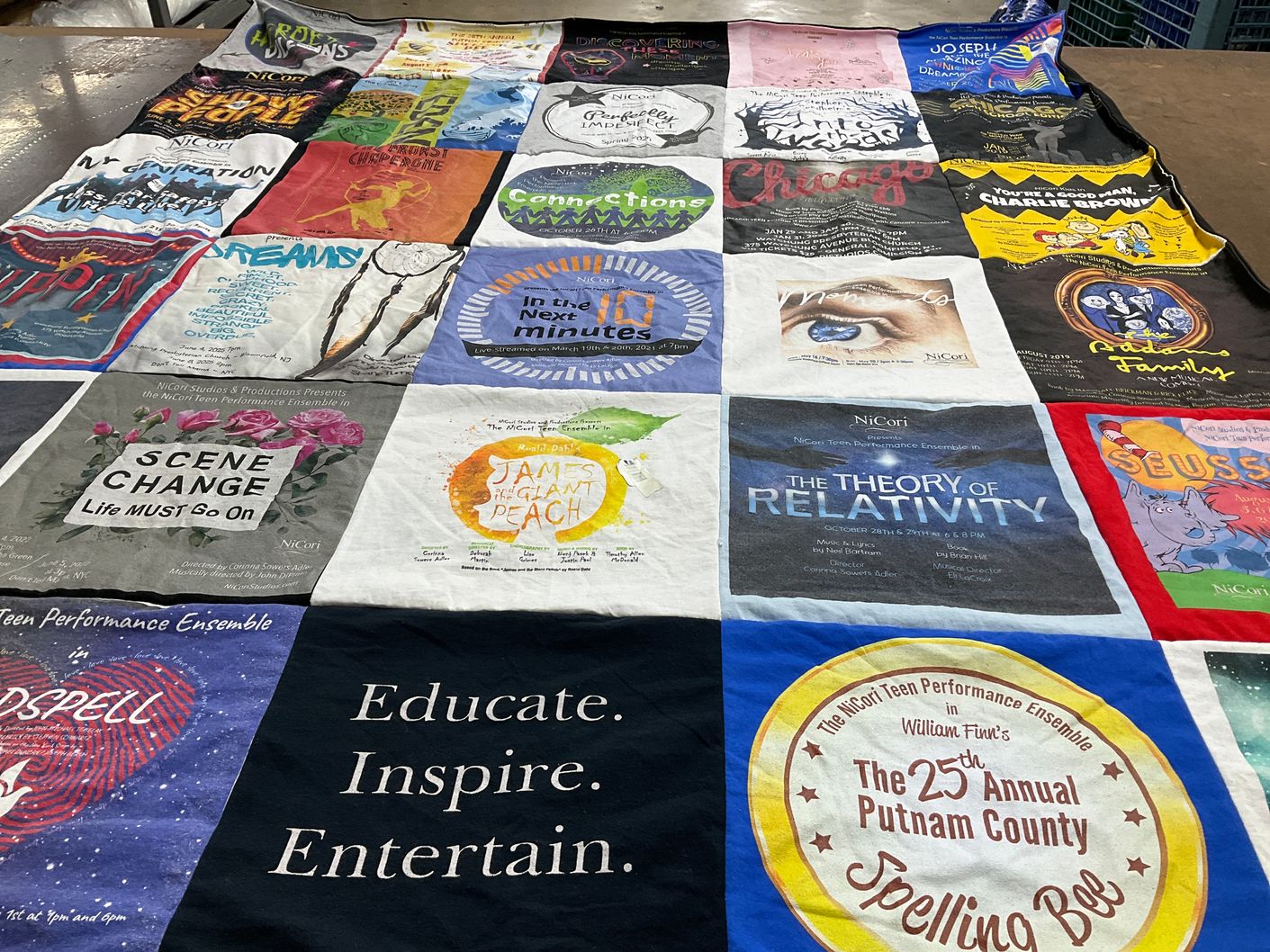 T-shirt quilt with theater, performing arts themes by Corinna from NJ