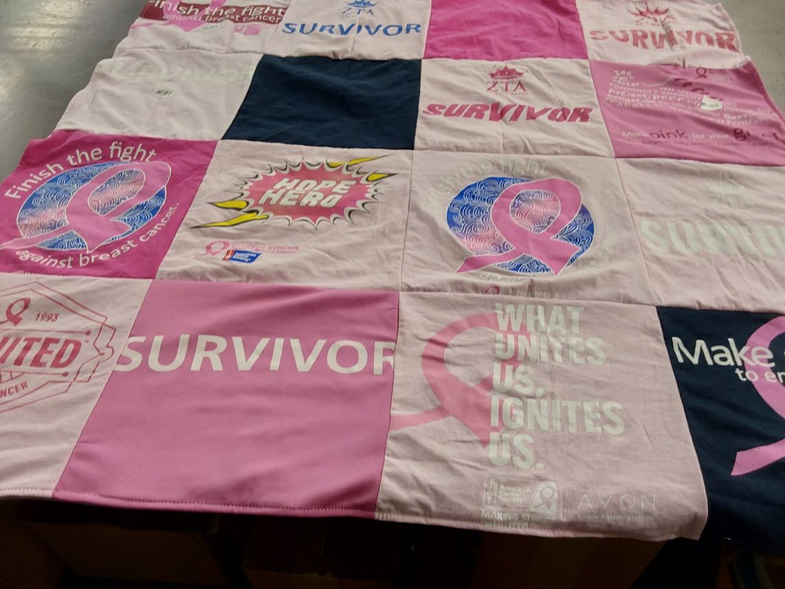 T-shirt quilt with breast cancer awareness, survivorship themes by Yvonne from NY