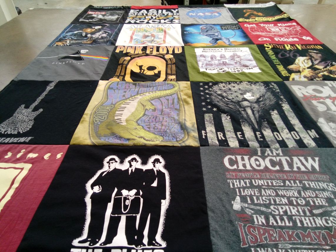 T-shirt quilt with music, rock themes by Sarah from TX