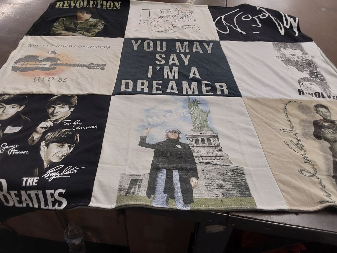 T-shirt quilt with music, history themes by Sarah from TX