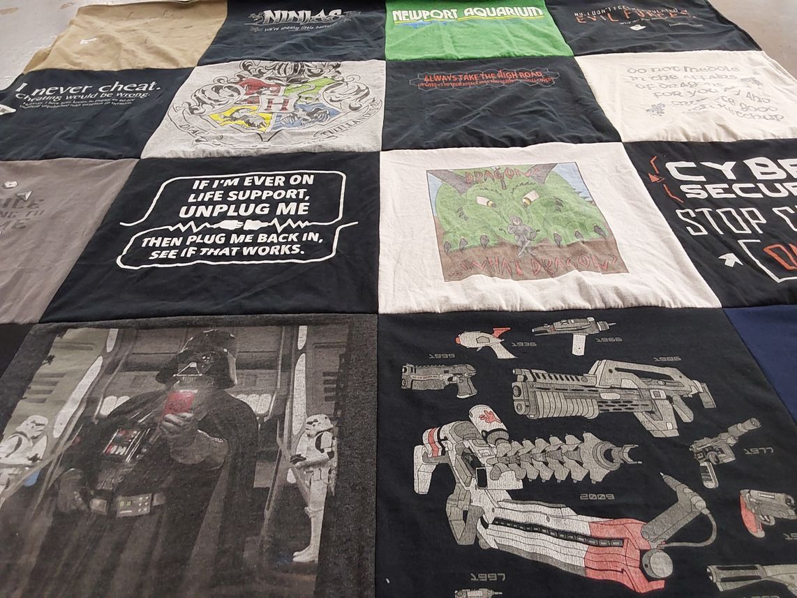 T-shirt quilt with humor, technology themes by Michael from IN