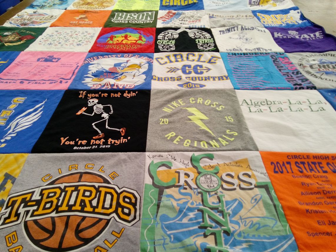 T-shirt quilt featuring circle high school t-birds, circle high school cross country by Sandy from KS