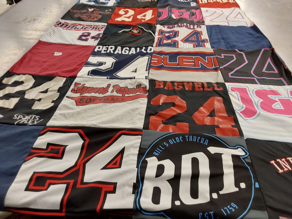 T-shirt quilt with softball, sports themes by Mallory from NJ