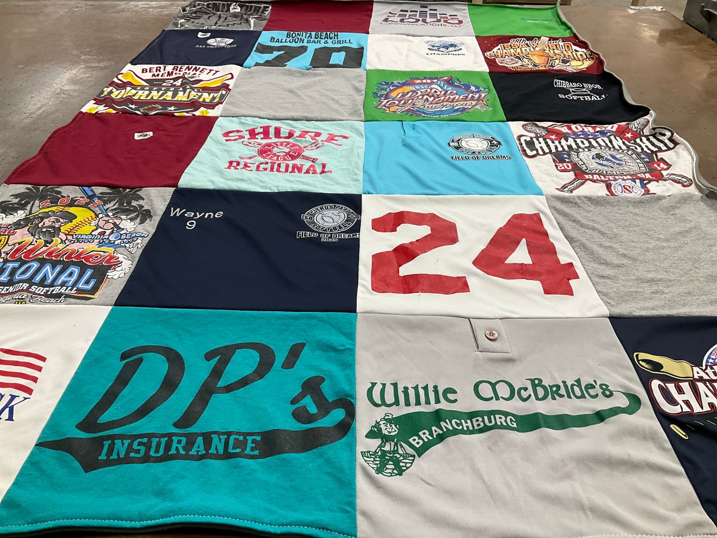 T-shirt quilt with softball, sports themes by Mallory from NJ