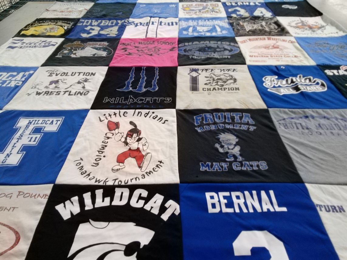 T-shirt quilt featuring fruita monument mat cats by Rebecca from CO