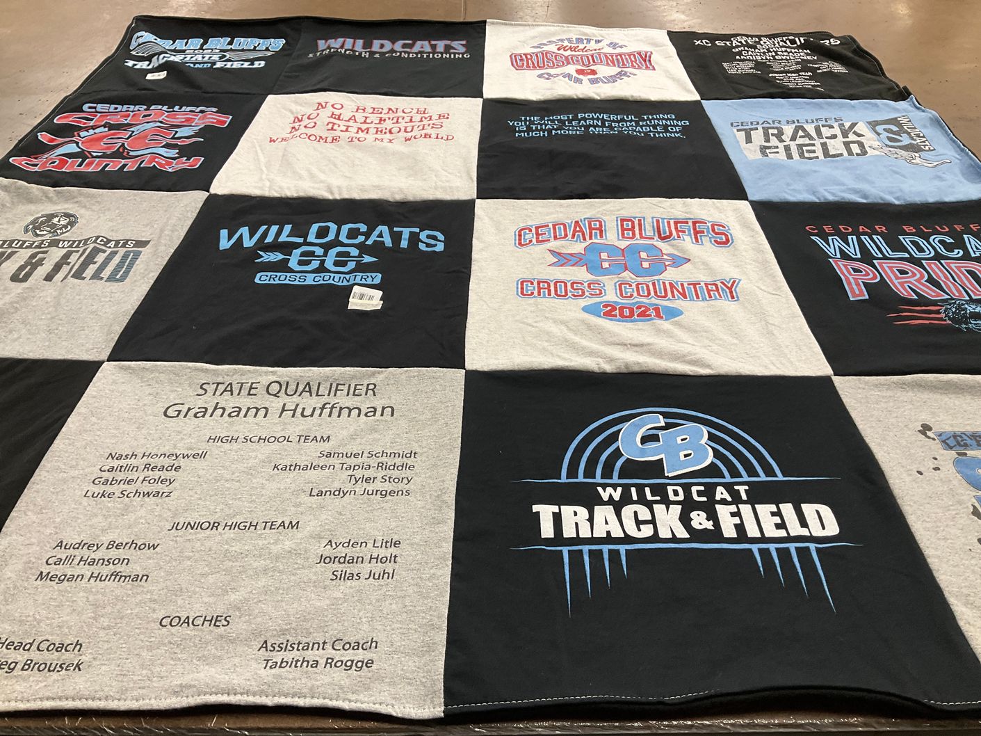 T-shirt quilt featuring cedar bluffs wildcats track and field, cedar bluffs wildcats cross country by Anissa from NE