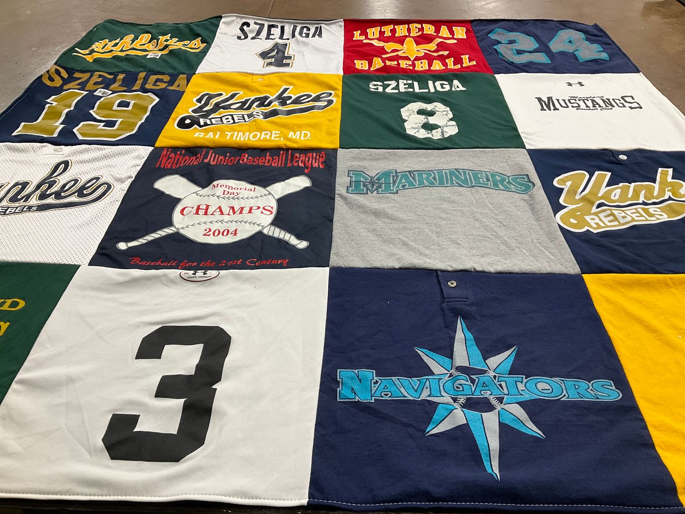 T-shirt quilt featuring yankee rebels, mariners by Kathy from MD
