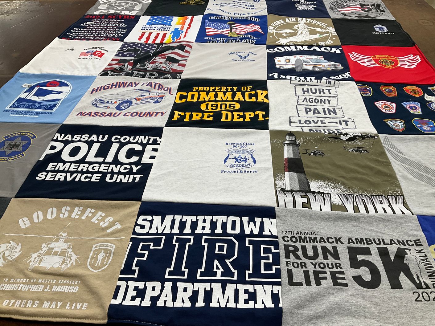 T-shirt quilt with emergency services, firefighting themes by JR from NY