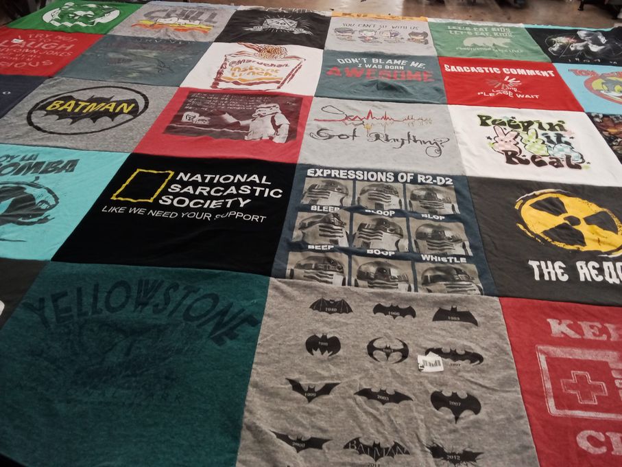 T-shirt quilt with sarcasm, pop culture themes by Heidi from FL