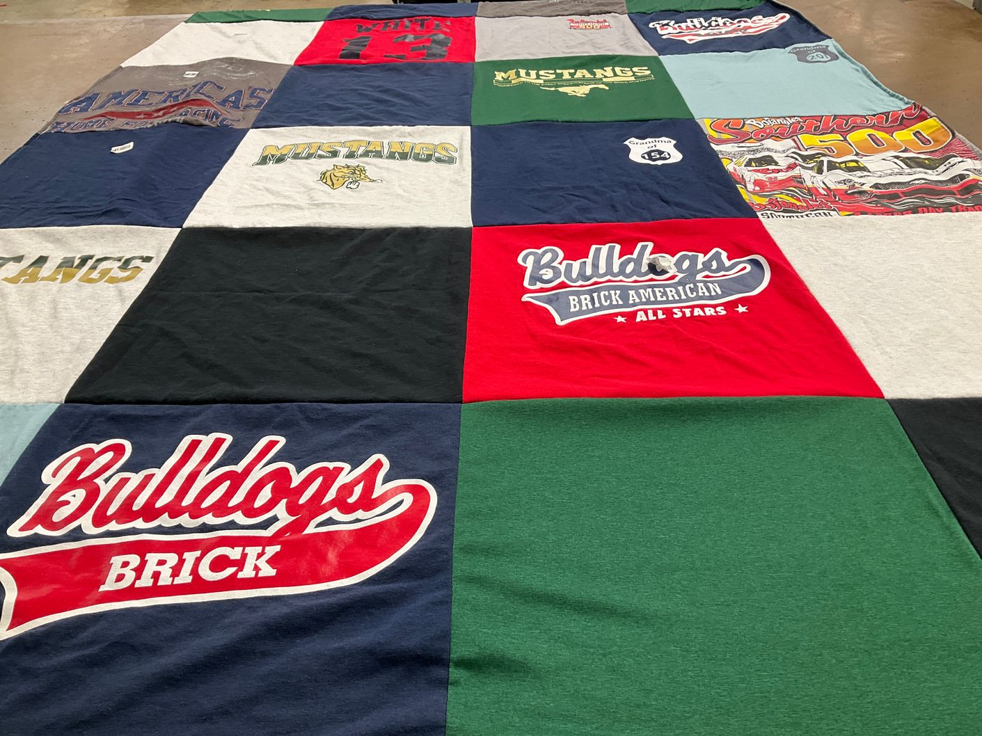 T-shirt quilt featuring mustangs, bulldogs by Noralee from NJ