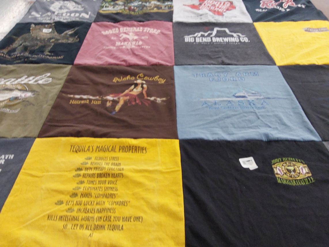 T-shirt quilt with brewing, tequila themes by Kris from MT