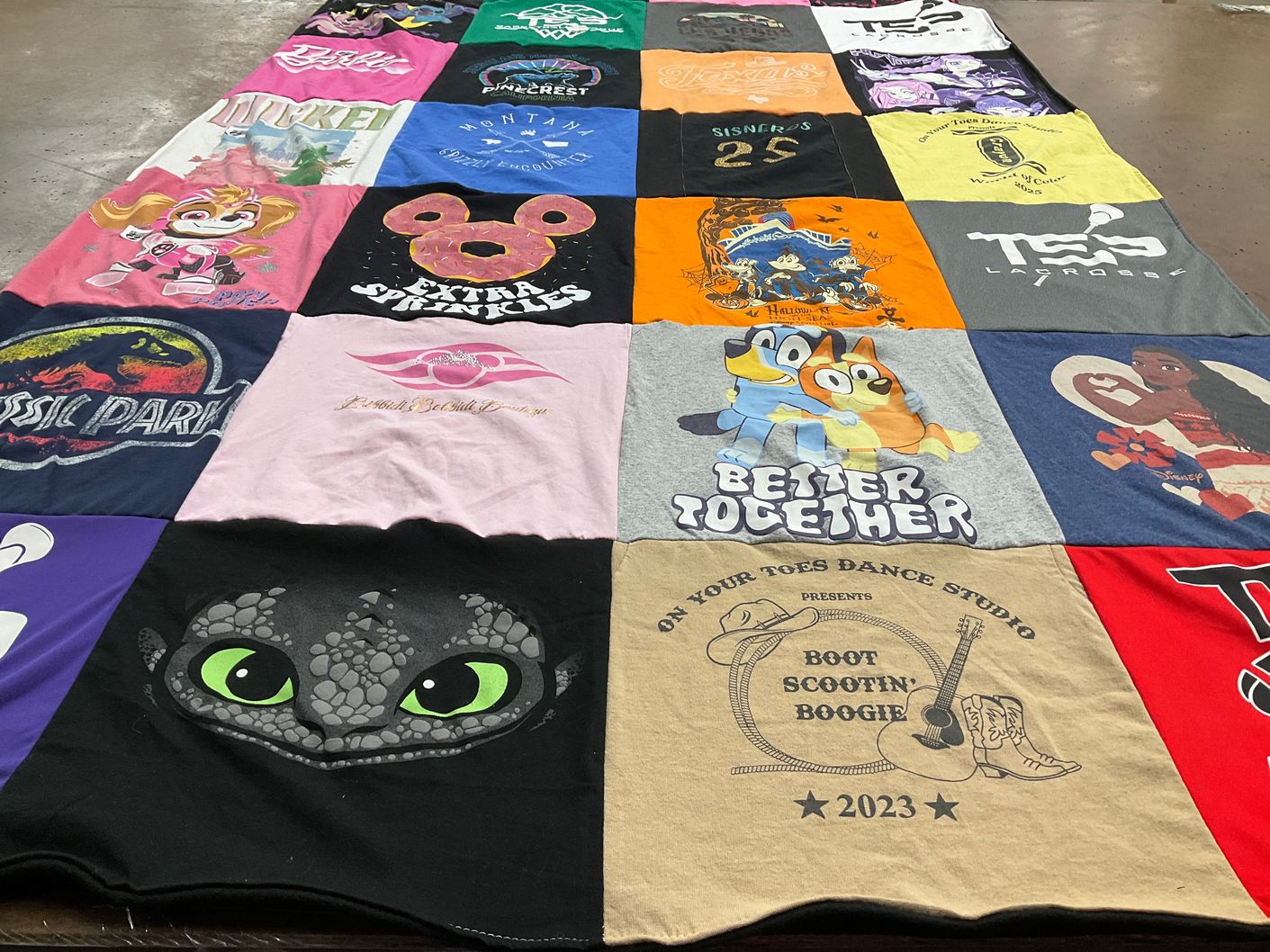 T-shirt quilt with dance, animation themes by Katherine from CA