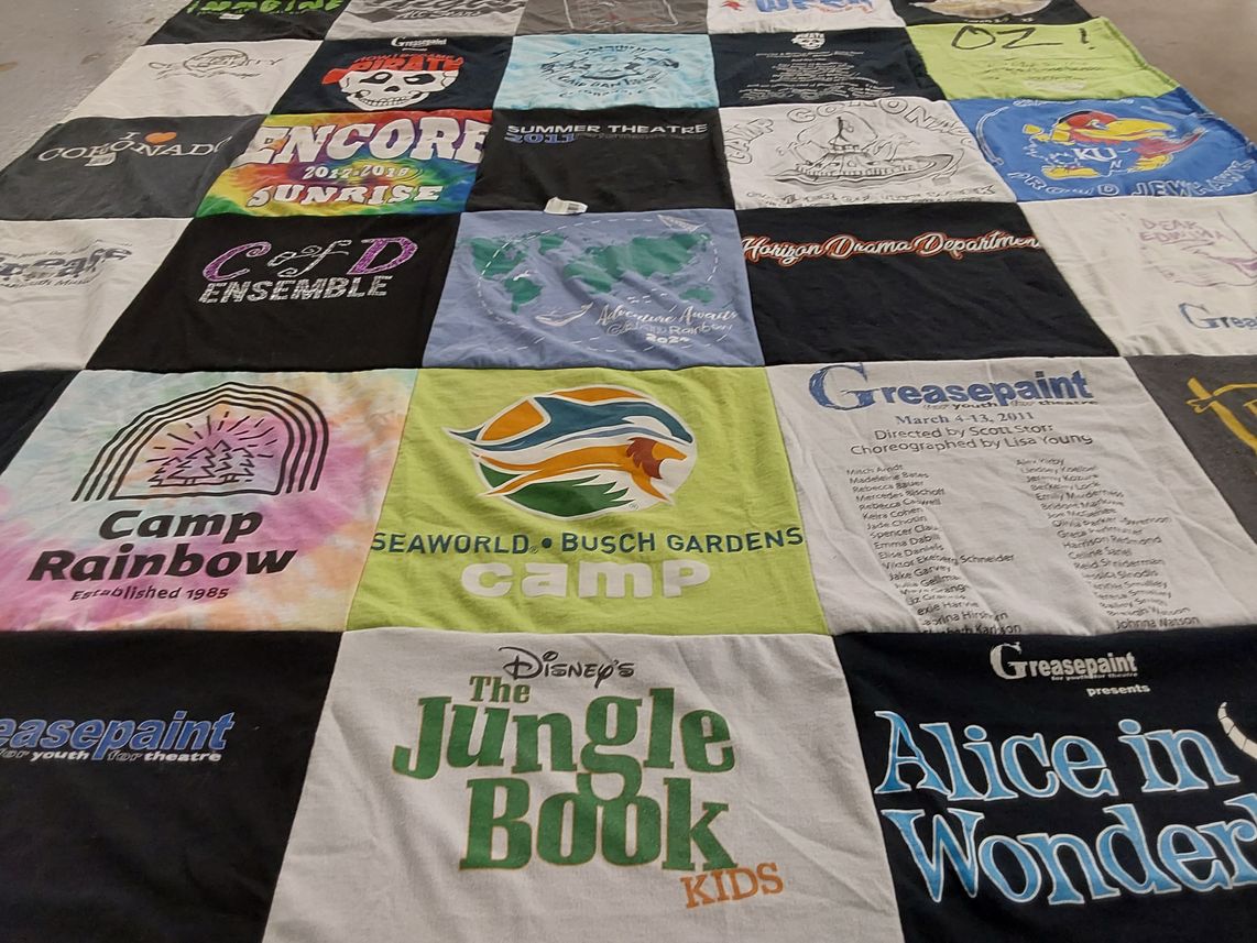 T-shirt quilt with theatre, camping themes by Robyn from AZ