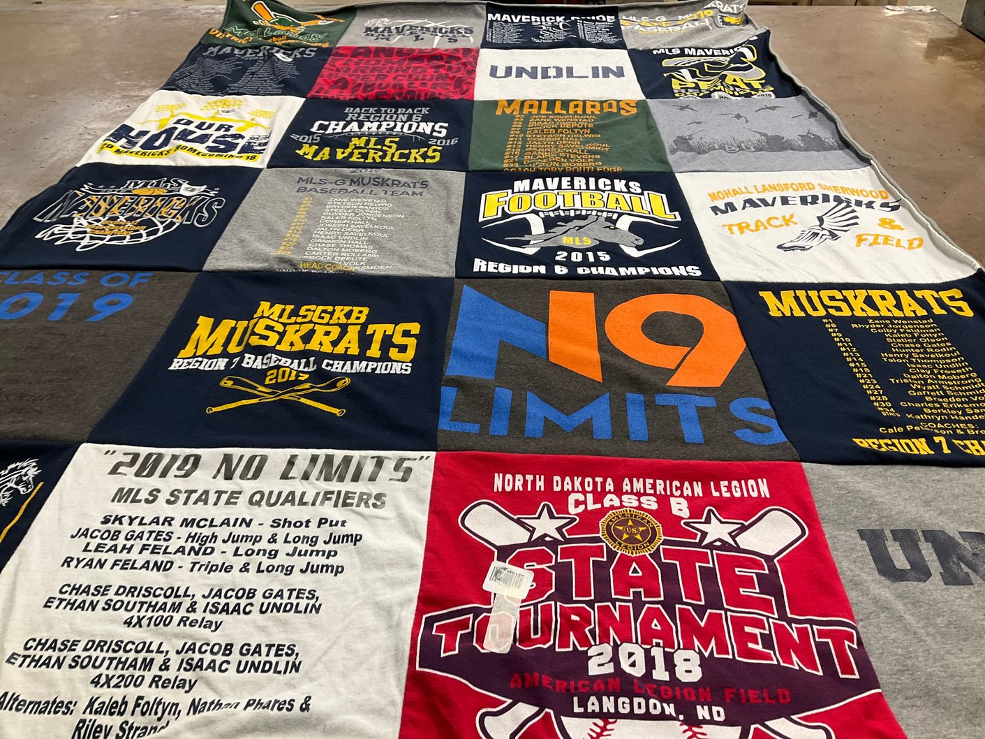 T-shirt quilt featuring moorhead high school muskrats, moorhead high school mavericks by Barbara from ND