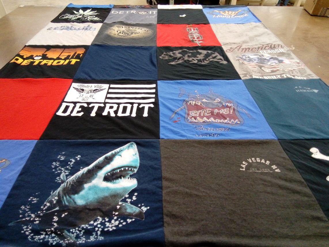 T-shirt quilt with travel, cities themes by Jaime from MI