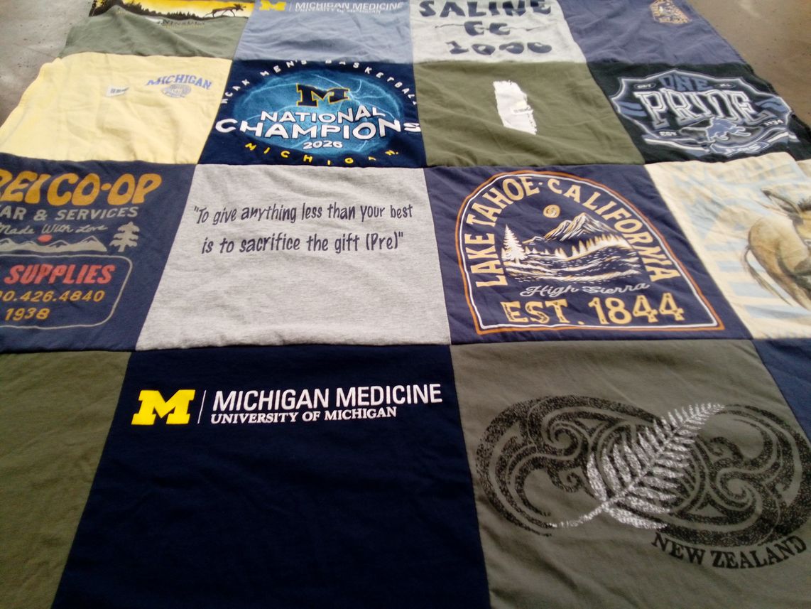 T-shirt quilt featuring saline community college by Susan from MI
