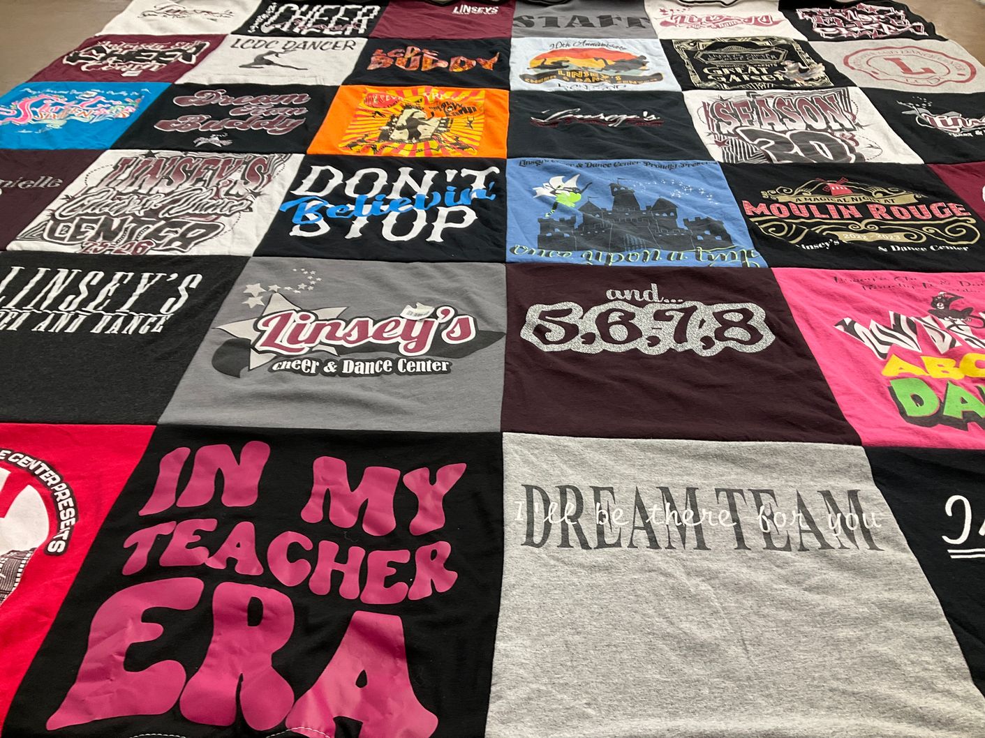 T-shirt quilt with dance, performance themes by Danielle from MI